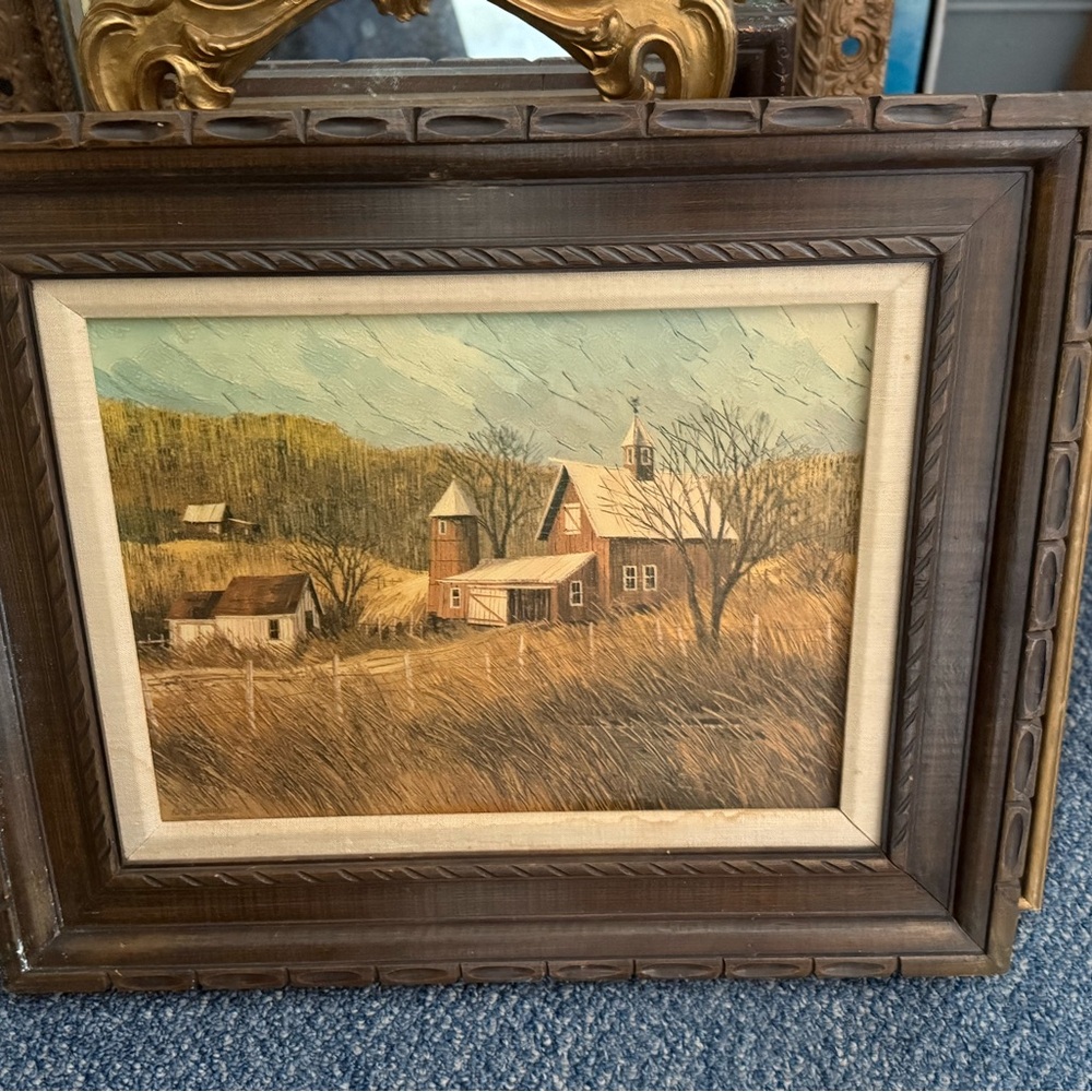 Vintage Framed Barn Landscape Oil Painting Art 24 x 20